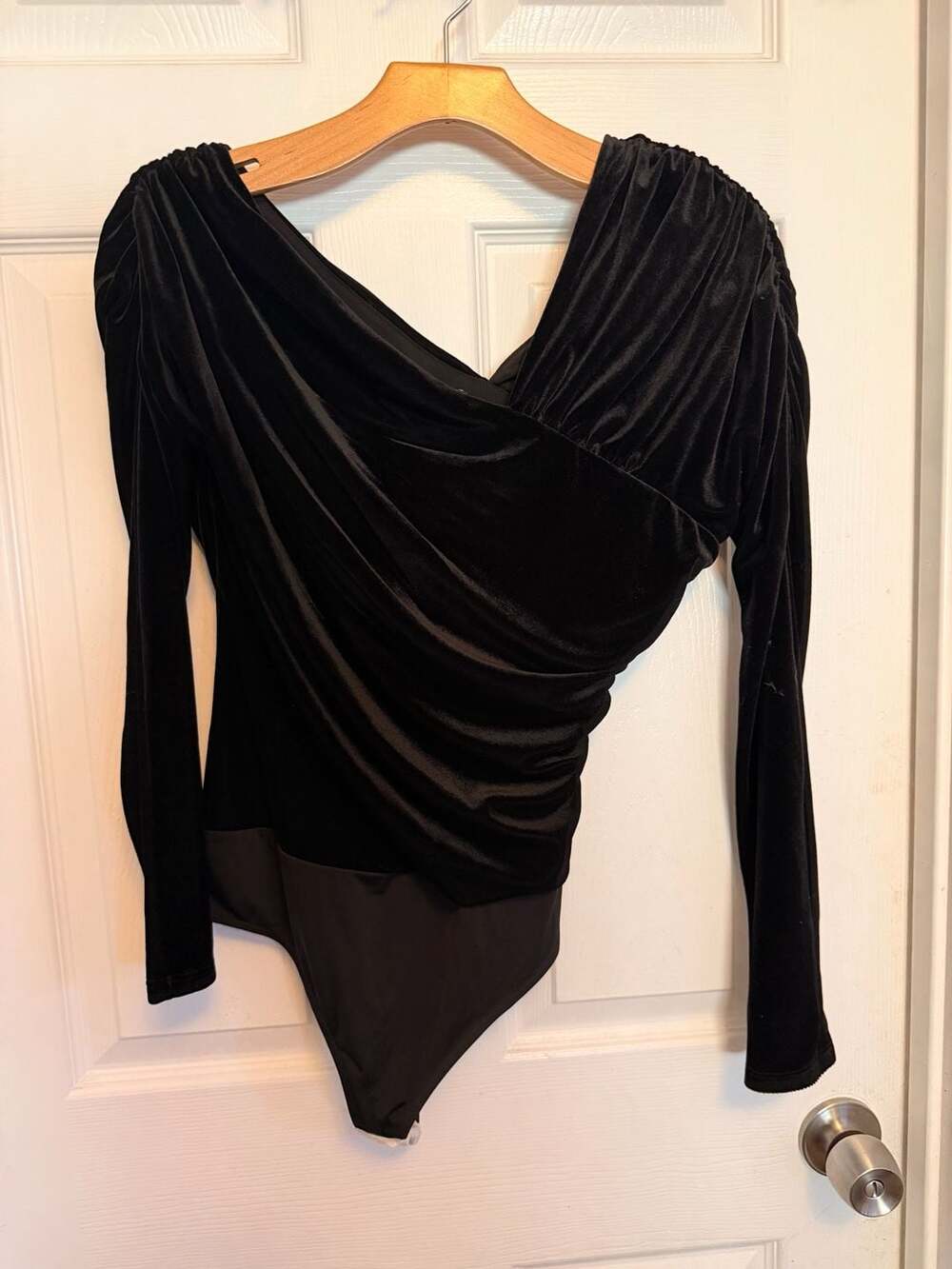 Express Body Contour Velvet Asymmetric Ruched Long Sleeve Bodysuit